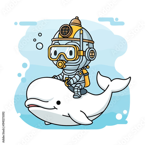 A cartoon diver in a vintage diving suit rides atop a white whale. Blue water and bubbles are used as a background