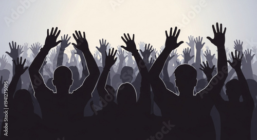 Crowd of people with raised hands in a dark silhouette against a bright background conveying a sense of celebration and unity