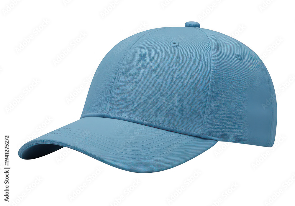 Fototapeta premium A blue baseball cap with a curved brim and button on top isolated on transparent background