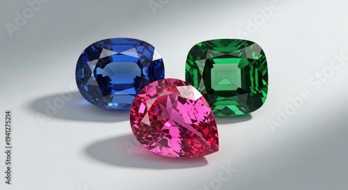 Three precious gemstones sapphire emerald and ruby