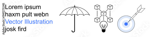 Data security, innovation, blockchain technology, goal setting, protection, creative ideas. Umbrella, connected blocks lightbulb and bullseye. Data security and innovation concepts