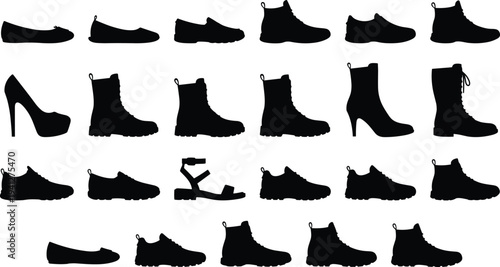 Collection of diverse shoe silhouettes, sneakers, boots, heels, footwear icons set, fashion footwear shapes isolated, black silhouette assortment, vector style