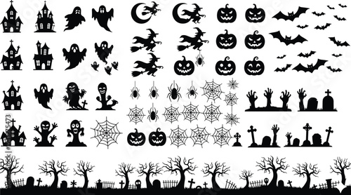 Halloween silhouettes collection, haunted house, ghosts, witches, pumpkins, bats, spiders, graveyard elements, spooky holiday icons set, vector illustration