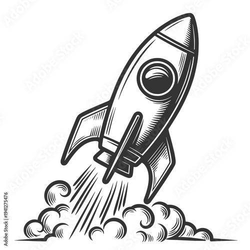rocket launching upward with smoke clouds, symbolizing startup growth, innovation, business success sketch engraving vector illustration. Scratch board imitation. Black and white image.