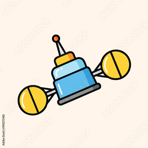 A cartoon depiction of a satellite with a blue body, yellow antenna discs and a small orange ball on top. Set against a light background