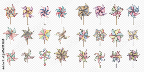 Set of colorful hand-drawn pinwheels, a whimsical collection of decorative paper windmills with various patterns and shapes, perfect for playful designs and children's themes.