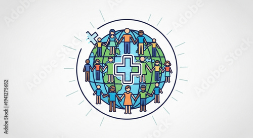 Diverse people standing on globe with medical cross symbol representing global healthcare and unity