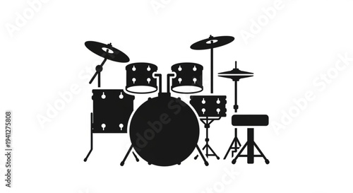 Drum set silhouette with cymbals and stool on white background for music concept