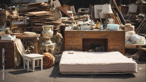 Discarded furniture and old household items at a junkyard