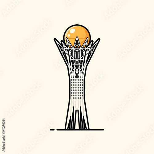 A cartoon depiction of a tower with a golden sphere on top. It stands on a horizontal line. The style is minimalist with a beige background