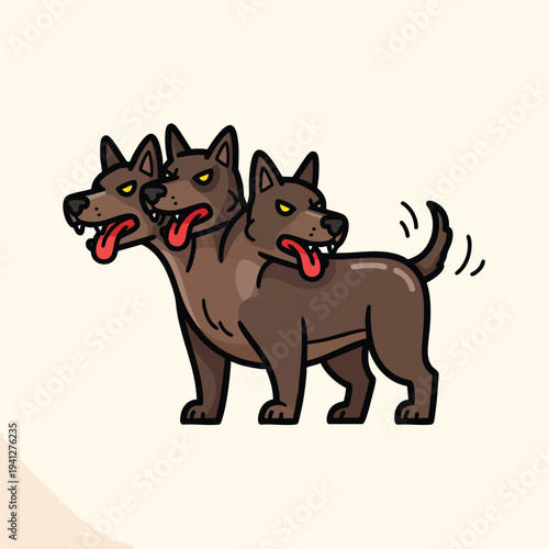 A cartoon depiction of a mythical creature with three dog heads, brown fur, yellow eyes, and long, red tongues, with a wagging tail