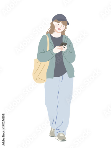 フラットイラスト　スマートフォンを見ている若い女性　学生　若者