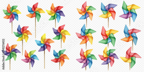 Vibrant collection of colorful pinwheels, perfect for cheerful and playful designs, symbolizing joy and childhood fun.