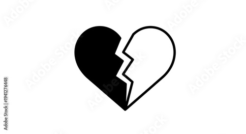Broken Heart Symbol, Black and White Split, Love Loss Concept