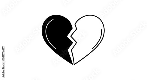 Broken Heart Symbol, Black and White Split, Icon of Sadness and Relationship Problems