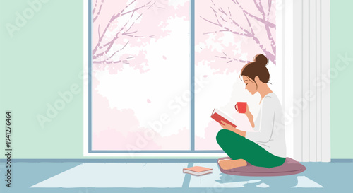Cozy woman reading a book and drinking coffee by a large window with a view of pink cherry blossom trees in a minimalist room, vector illustration for relaxation and leisure.