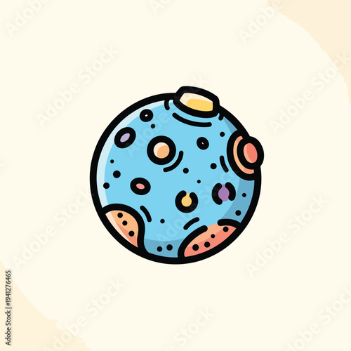 A cartoon illustration featuring a blue planet with various colored craters and spots, framed by a thick black outline, set against a beige backdrop