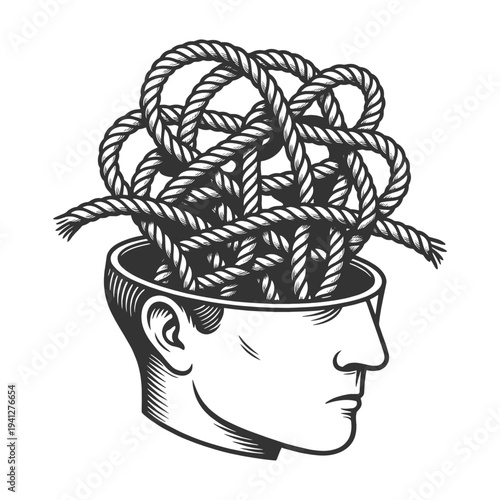 human head opened with tangled ropes inside, confusion, mental complexity, overthinking, and psychological knots sketch engraving vector illustration. Black and white image.