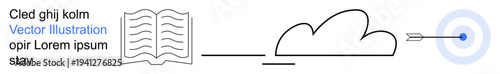 Education, goal setting, cloud computing, knowledge sharing, achievement, connection. Open book, cloud and arrow striking a target interconnected by lines. Education and goals symbolically