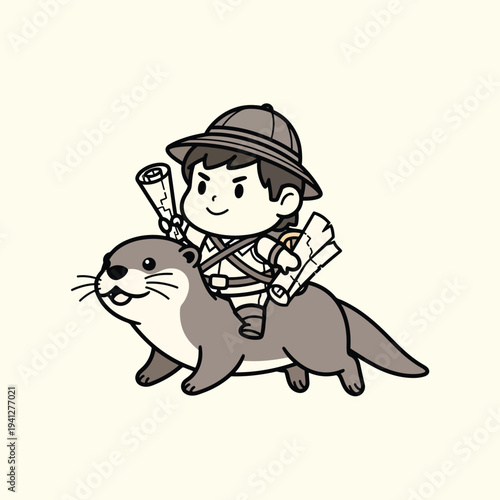 A cartoon explorer rides a smiling otter, holding scrolls. The character wears a safari hat and outfit, with the otter on a plain, cream-colored background
