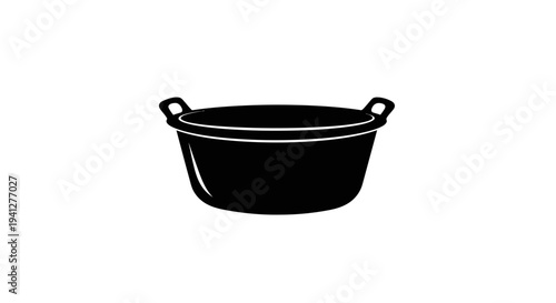 Black Plastic Tub with Handles Isolated on White Background, Simple Outline Illustration