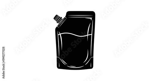 Black pouch with spout, liquid inside, isolated on white background, packaging design element