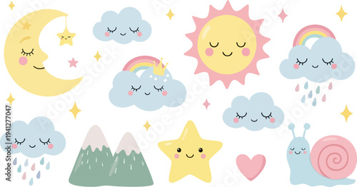 Cute Pastel Baby Nursery Elements Vector Set with Sleeping Moon, Sun, Clouds, Stars, Rainbows, Mountains, Snail, and Heart for Kids Design