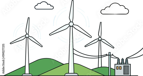 Wind turbines generate electricity on a green hill with clouds