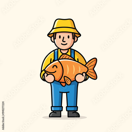 A cartoon fisherman with a big fish smiles and holds it proudly, set against a neutral background. He wears a yellow hat and overalls