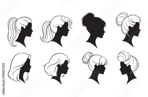 Elegant female head silhouettes with detailed line art hair styling options including ponytails and buns and updos for professional hair dressing and beauty salon branding materials
