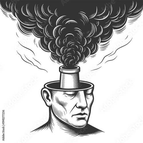 human head open with a chimney releasing thick smoke, burnout, mental exhaustion, stress, and cognitive overload sketch engraving vector illustration. Scratch board. Black and white.