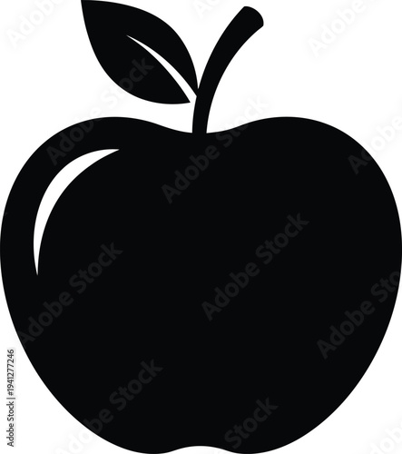 A black silhouette of a shiny apple with a leaf