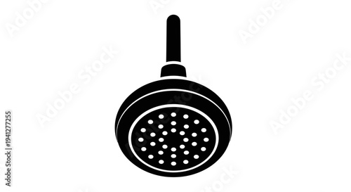 Black shower head icon with water droplets, isolated on white background