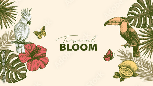 Tropical background with exotic vibe. Parrot, toucan, tropical leaves, hibiscus, butterflies. Coffee, restaurant, food packaging, event decor concept. Hand drawn retro sketch vector illustration.