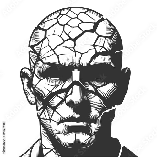 human head with cracked surface like broken stone, psychological stress, trauma, mental health struggles, and emotional damage sketch engraving vector illustration. Black and white image
