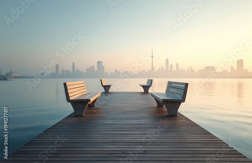 Empty wooden pier with benches faces calm water and distant city skyline at sunrise. Peaceful urban waterfront for quiet contemplation and relaxation.