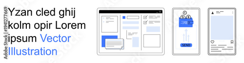 User interface design, web development, mobile app prototyping, online forms, UX concepts, graphic design. Sketch of digital screens form layouts and interface concepts. User interface design and web