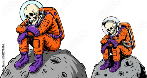 Two Sad Astronaut Skeletons in Orange Space Suits Sitting on Gray Moon Rocks, Isolated Vector Illustration for Space Exploration and Mortality Concepts