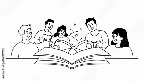 Group of diverse people studying together discussing book content with surprised expressions