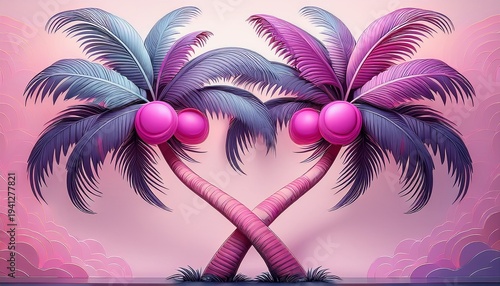 A Cartoon Style Illustration Depicts Two Vibrant Palm Trees With Pink Trunks Purple Leaves And Round Coconuts On A Soft Pink Background The Trees Lean Towards Each Other