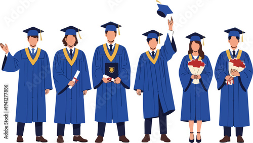 Diverse Group of Six Graduates in Blue Gowns and Mortarboards Celebrating Graduation Ceremony with Diplomas and Bouquets Vector Illustration