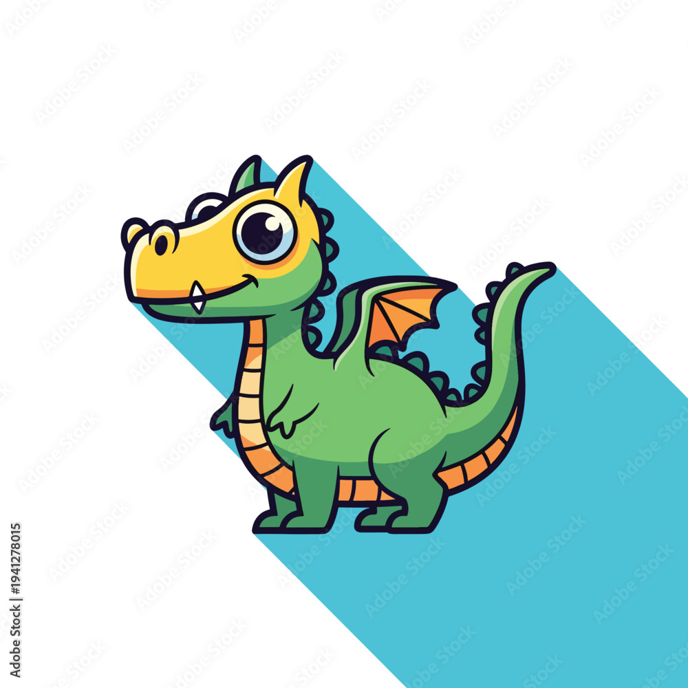 Obraz premium A cartoon dragon illustration, vibrant colors. It stands, slightly angled, on a light blue background with a white triangle