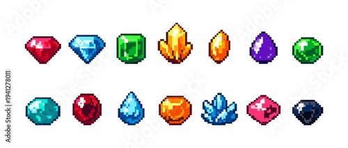 Collection of colorful pixel art gems and crystals for video games and digital design