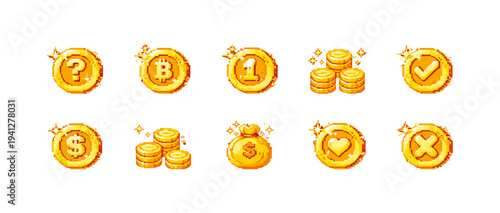 Collection of pixel art golden coins with various symbols and a money bag