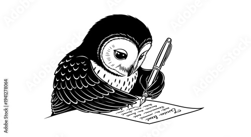 Wise Owl Writing with Pen on Paper, Black and White Illustration
