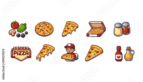 Pixel art collection of pizza elements and delivery person for a retro gaming aesthetic