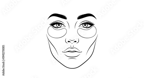 Woman Face Line Art with Eye Patches and Makeup Contour - Beauty and Skincare