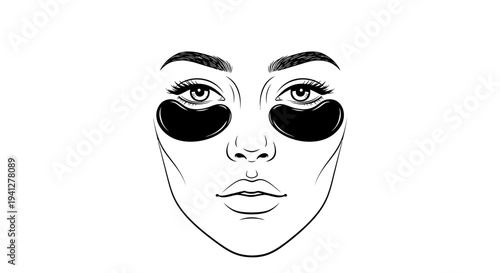 Woman Face with Black Under Eye Patches, Skincare Routine, Beauty Treatment, Minimalist Line Art
