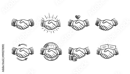 Collection of hand-drawn handshake icons representing business and partnership concepts