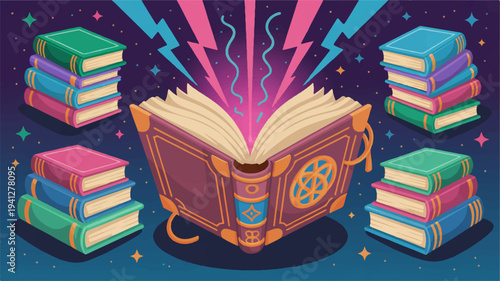 Magical book with glowing pages surrounded by stacks of colorful books in a mystical setting with lightning bolts and stars